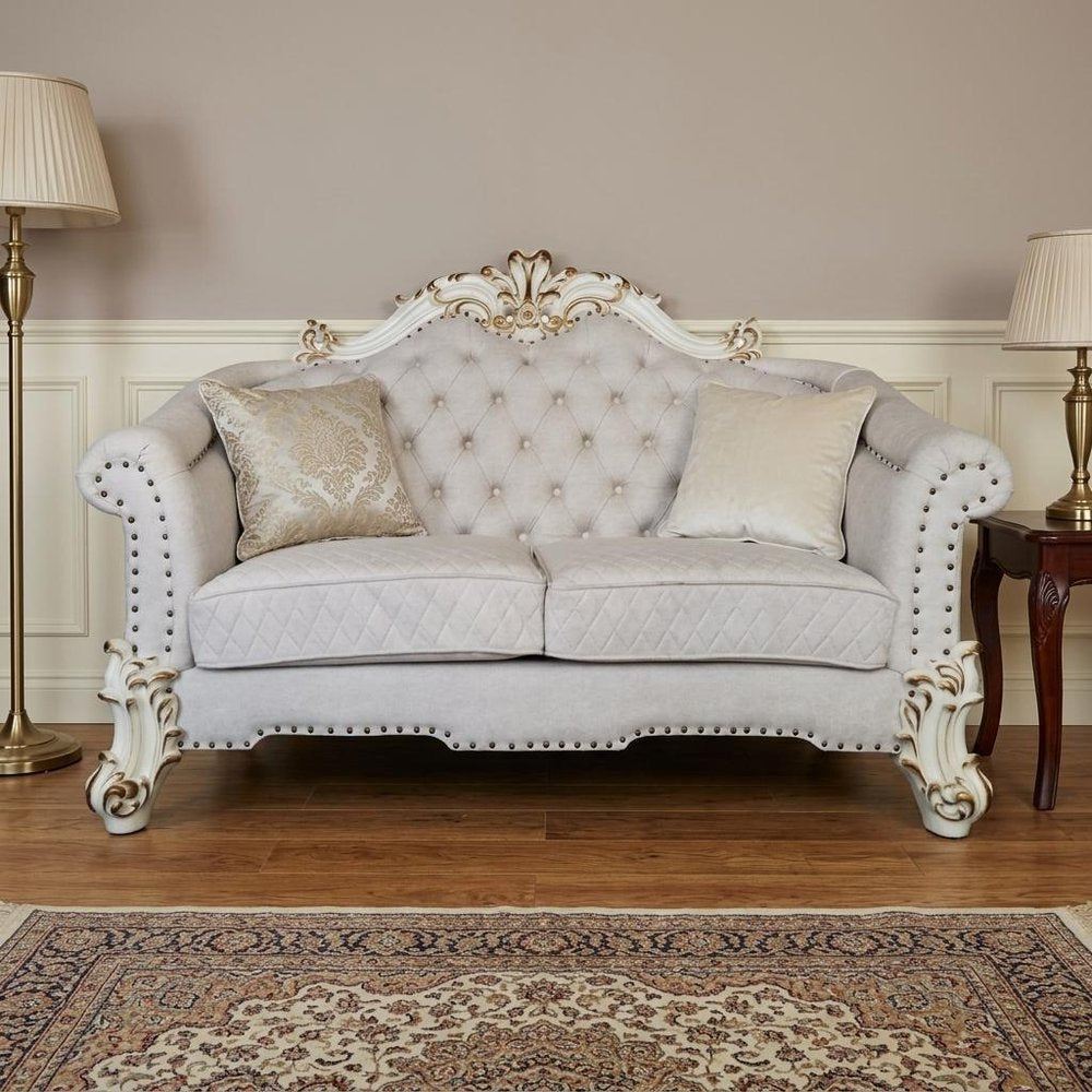 Two Tone Ivory and Pearl Velvet Loveseat and Toss Pillows - 66-inch
