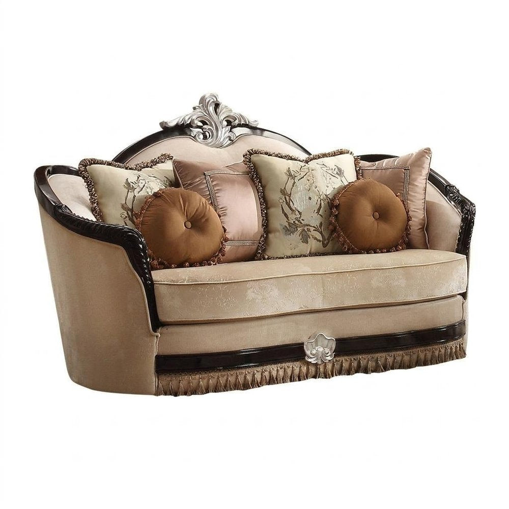 Tan Velvet Curved Loveseat and Toss Pillows - 75-inch