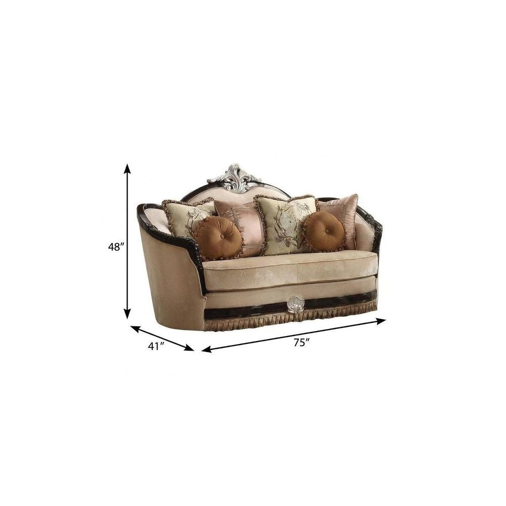 Tan Velvet Curved Loveseat and Toss Pillows - 75-inch