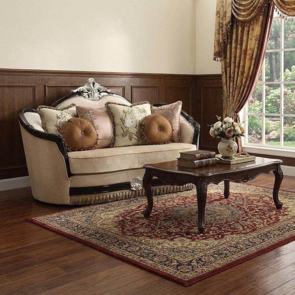 Tan Velvet Curved Loveseat and Toss Pillows - 75-inch