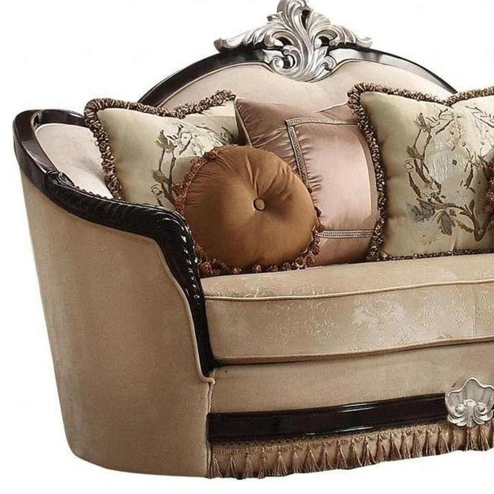 Tan Velvet Curved Loveseat and Toss Pillows - 75-inch