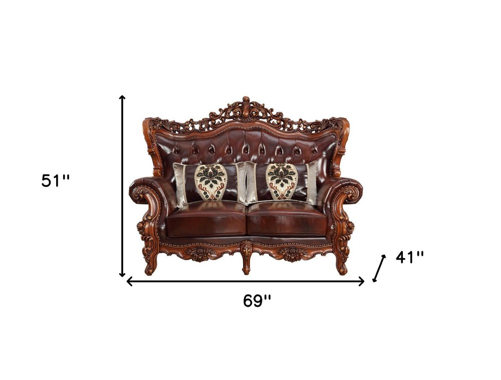 Brown and Walnut Top Grain Leather Curved Loveseat and Toss Pillows - 69-inch