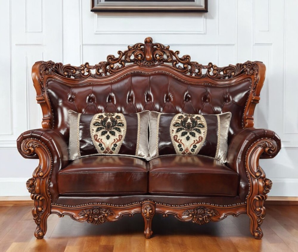 Brown and Walnut Top Grain Leather Curved Loveseat and Toss Pillows - 69-inch