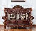 Brown and Walnut Top Grain Leather Curved Loveseat and Toss Pillows - 69-inch