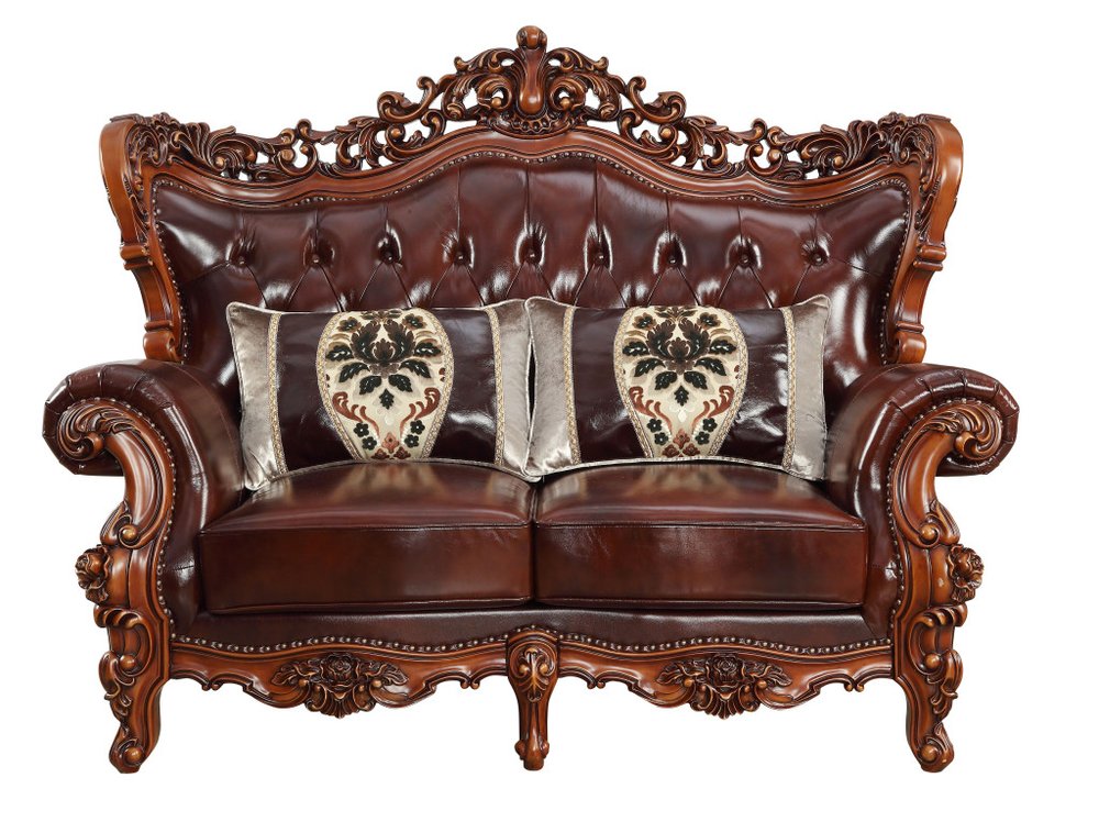 Brown and Walnut Top Grain Leather Curved Loveseat and Toss Pillows - 69-inch