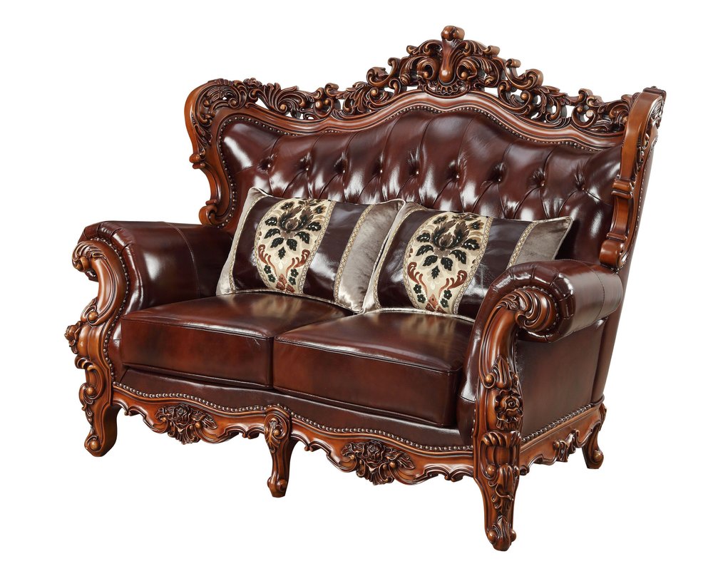 Brown and Walnut Top Grain Leather Curved Loveseat and Toss Pillows - 69-inch