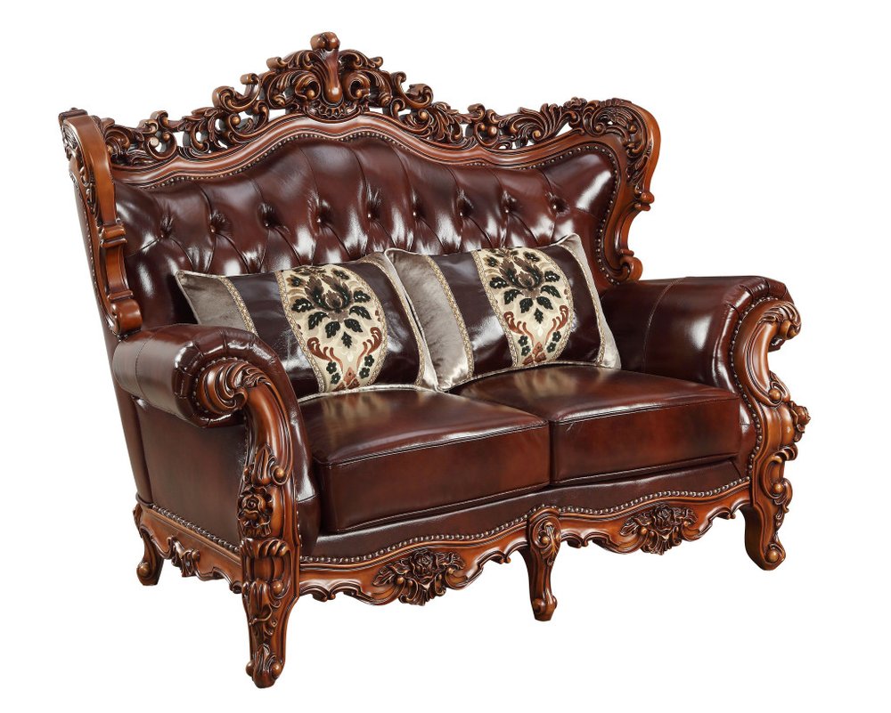 Brown and Walnut Top Grain Leather Curved Loveseat and Toss Pillows - 69-inch