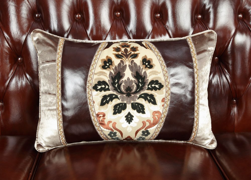 Brown and Walnut Top Grain Leather Curved Loveseat and Toss Pillows - 69-inch