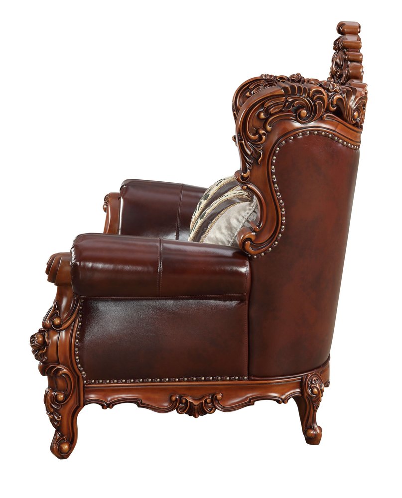 Brown and Walnut Top Grain Leather Curved Loveseat and Toss Pillows - 69-inch