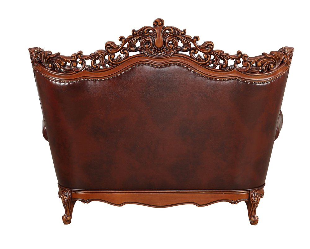 Brown and Walnut Top Grain Leather Curved Loveseat and Toss Pillows - 69-inch