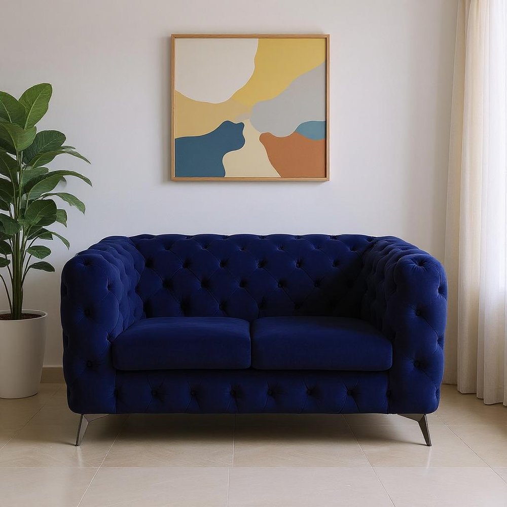 Blue and Silver Velvet Loveseat - 72-inch