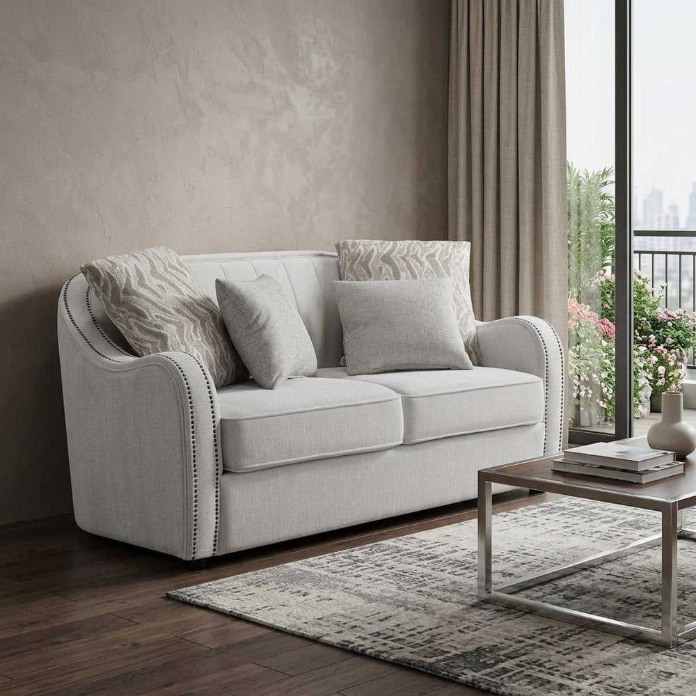 Beige and Black Linen Curved Loveseat and Toss Pillows - 63-inch