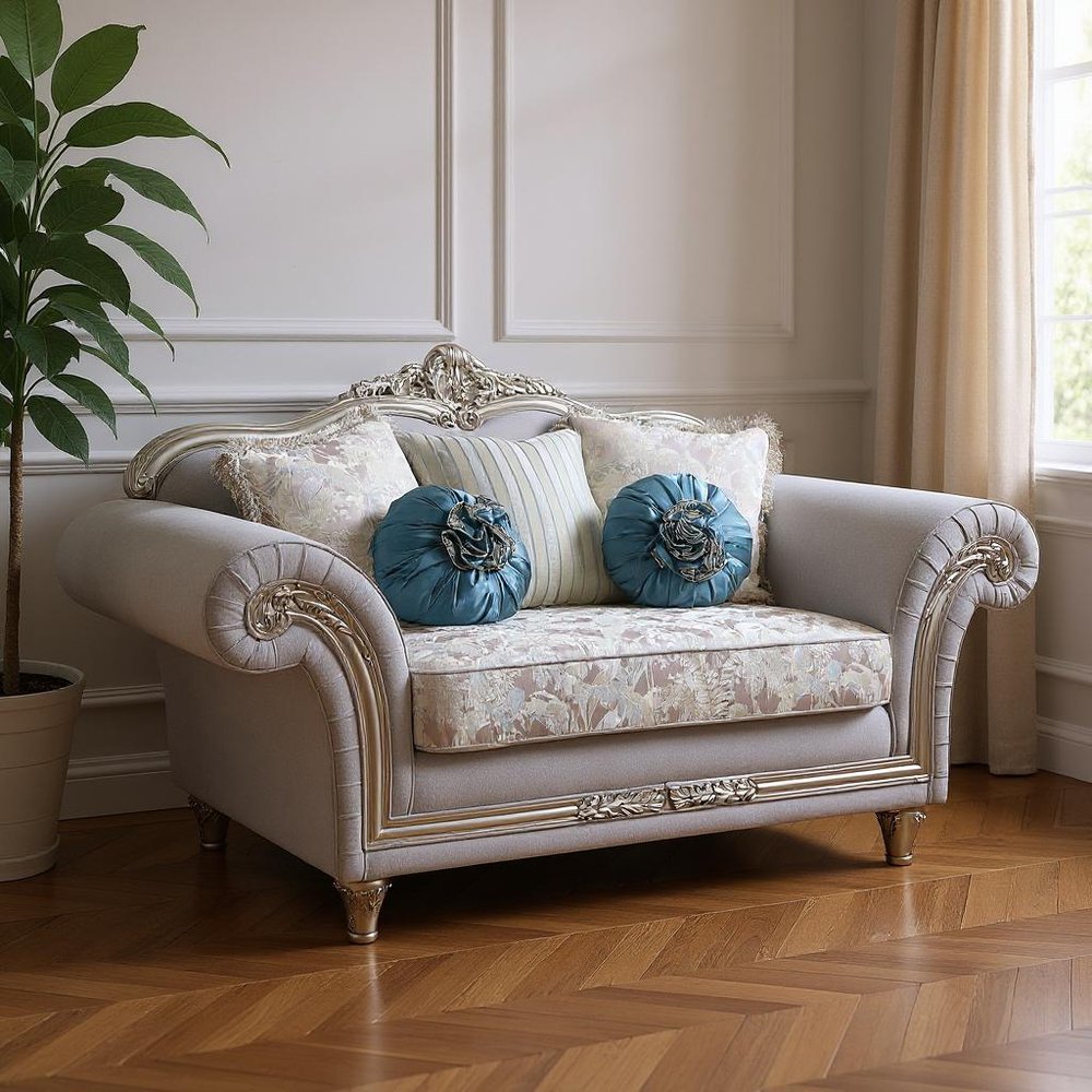Light Gray and Platinum Linen Loveseat and Toss Pillows - 76-inch