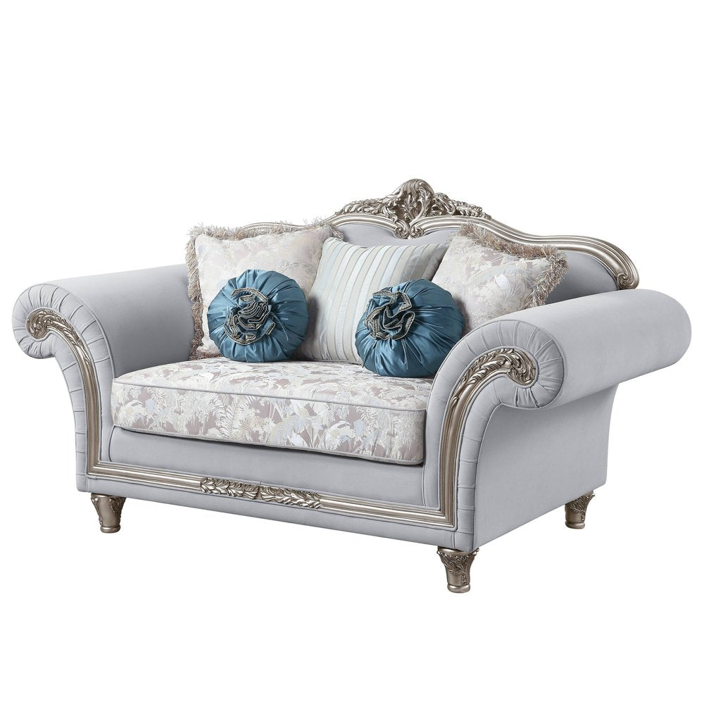 Light Gray and Platinum Linen Loveseat and Toss Pillows - 76-inch
