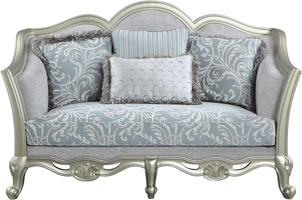 Light Gray and Champagne Linen Damask Loveseat and Toss Pillows - 66-inch