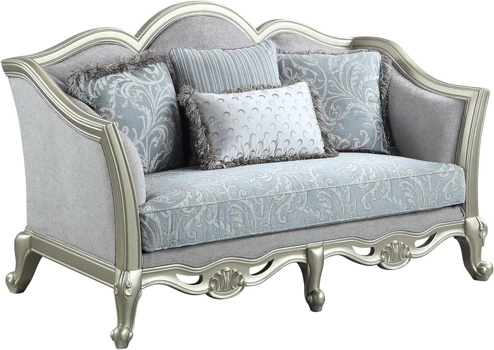 Light Gray and Champagne Linen Damask Loveseat and Toss Pillows - 66-inch