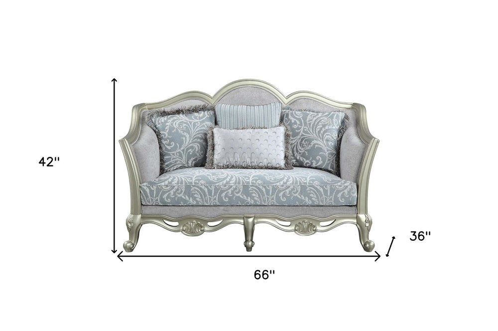 Light Gray and Champagne Linen Damask Loveseat and Toss Pillows - 66-inch