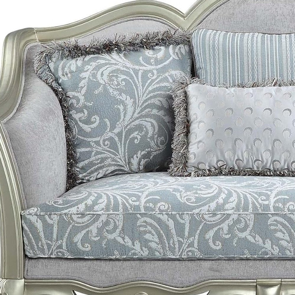 Light Gray and Champagne Linen Damask Loveseat and Toss Pillows - 66-inch