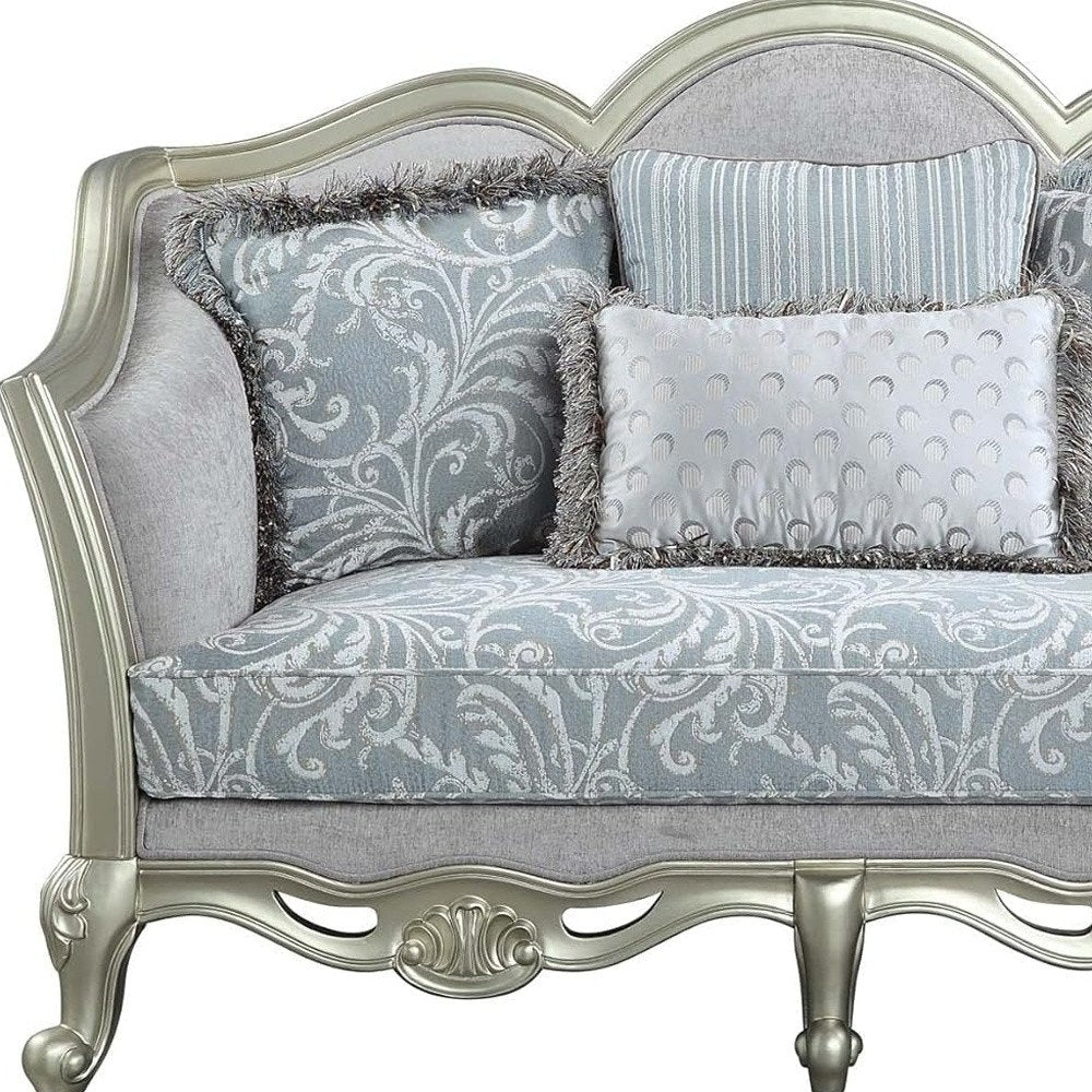 Light Gray and Champagne Linen Damask Loveseat and Toss Pillows - 66-inch