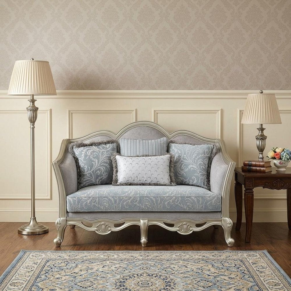 Light Gray and Champagne Linen Damask Loveseat and Toss Pillows - 66-inch
