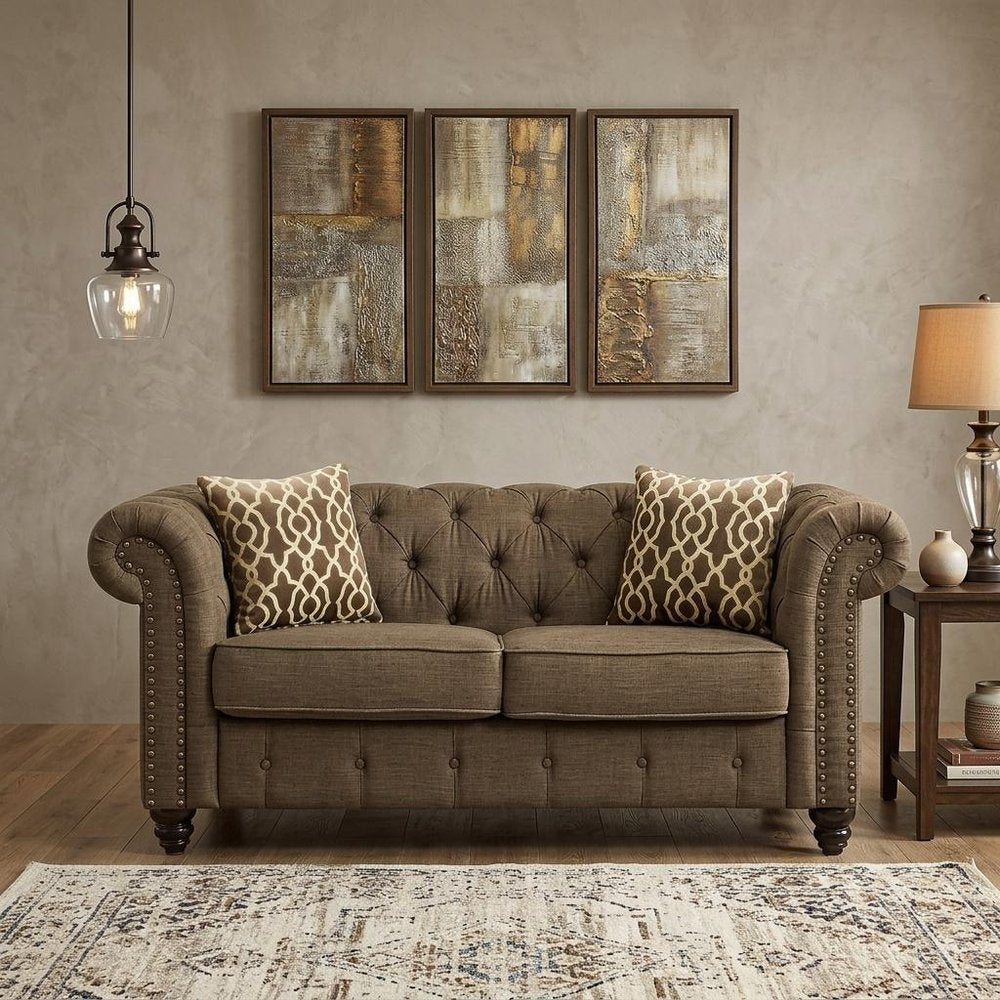 Brown and Dark Brown Linen Loveseat - 67-inch
