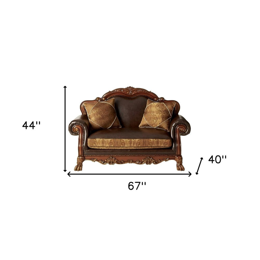 Brown and Redwood Faux Leather Loveseat and Toss Pillows - 67-inch