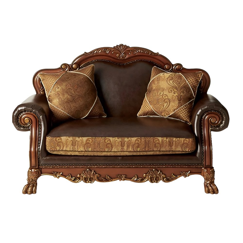 Brown and Redwood Faux Leather Loveseat and Toss Pillows - 67-inch
