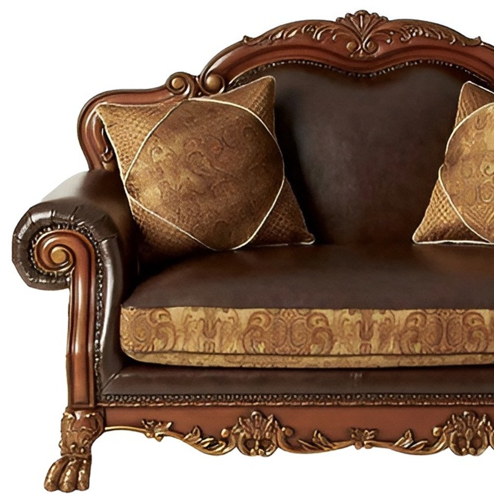 Brown and Redwood Faux Leather Loveseat and Toss Pillows - 67-inch