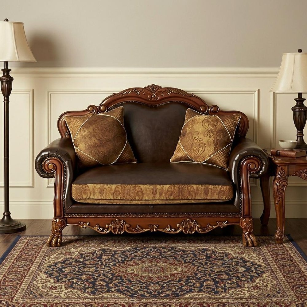 Brown and Redwood Faux Leather Loveseat and Toss Pillows - 67-inch