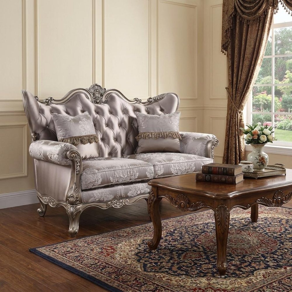 Pink and Platinum Silk Blend Loveseat and Toss Pillows - 68-inch