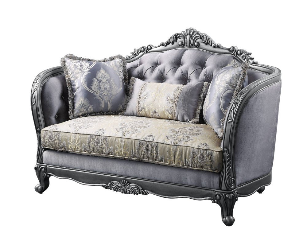 Gray and Platinum Silk Blend Loveseat and Toss Pillows - 65-inch