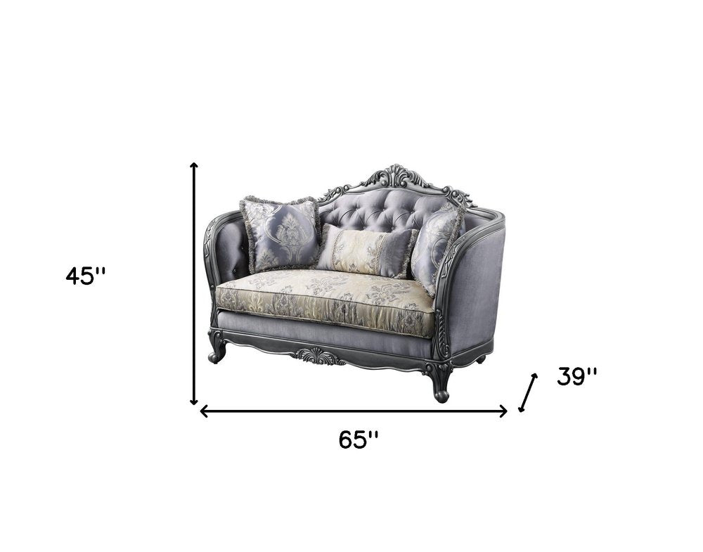 Gray and Platinum Silk Blend Loveseat and Toss Pillows - 65-inch
