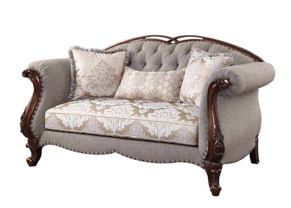Beige and Dark Brown Linen Loveseat and Toss Pillows - 72-inch