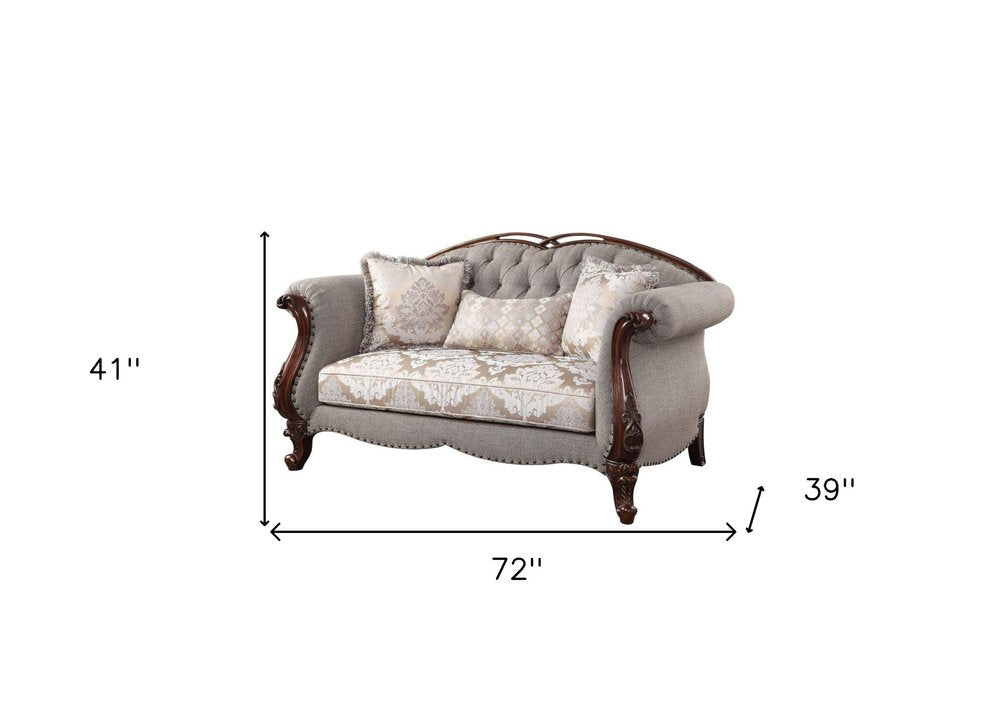 Beige and Dark Brown Linen Loveseat and Toss Pillows - 72-inch