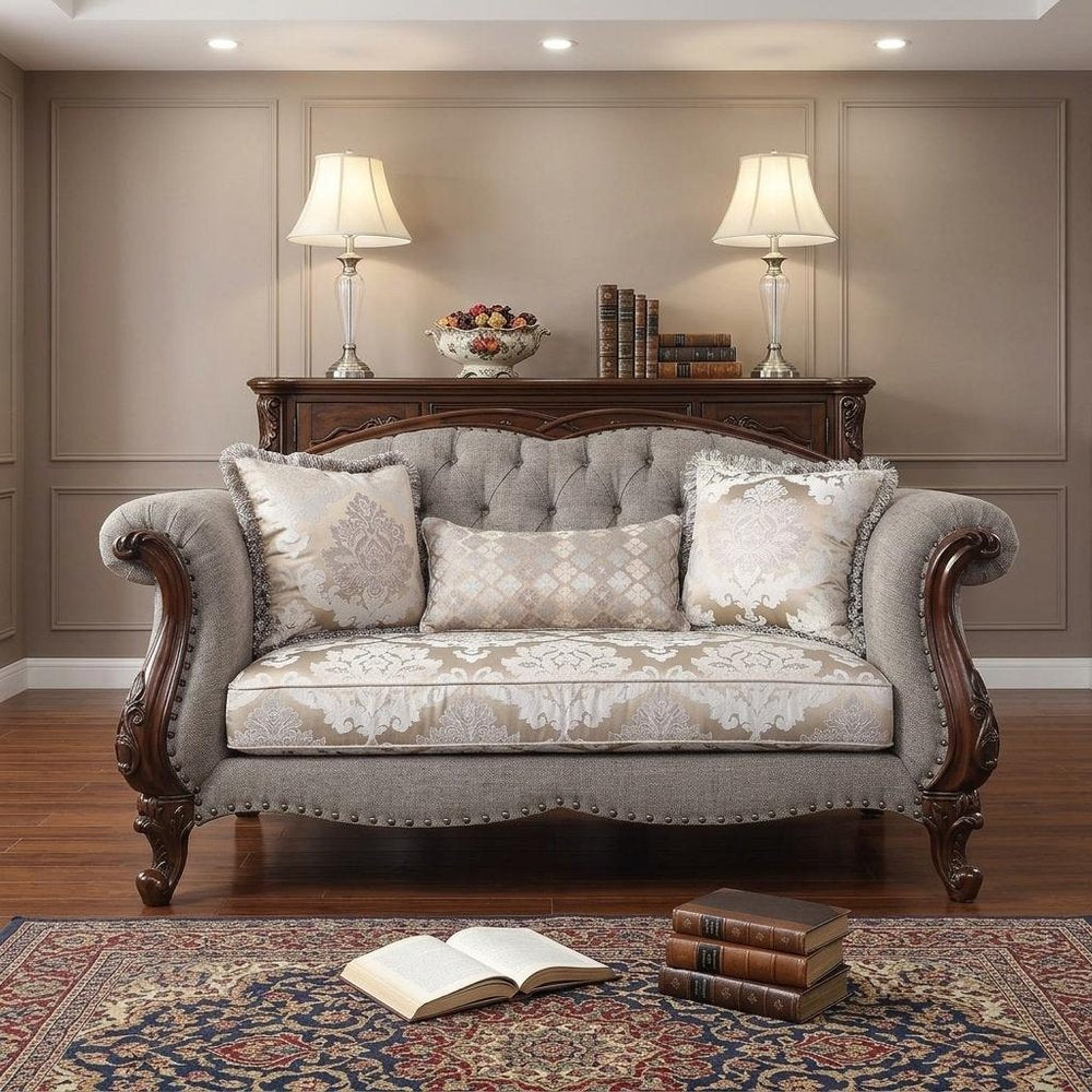 Beige and Dark Brown Linen Loveseat and Toss Pillows - 72-inch