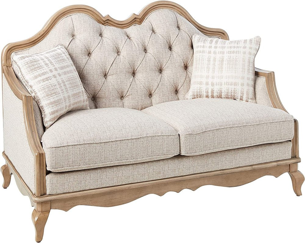 Beige and Brown Linen Loveseat and Toss Pillows - 62-inch