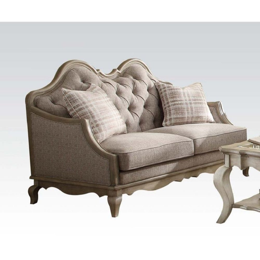 Beige and Brown Linen Loveseat and Toss Pillows - 62-inch
