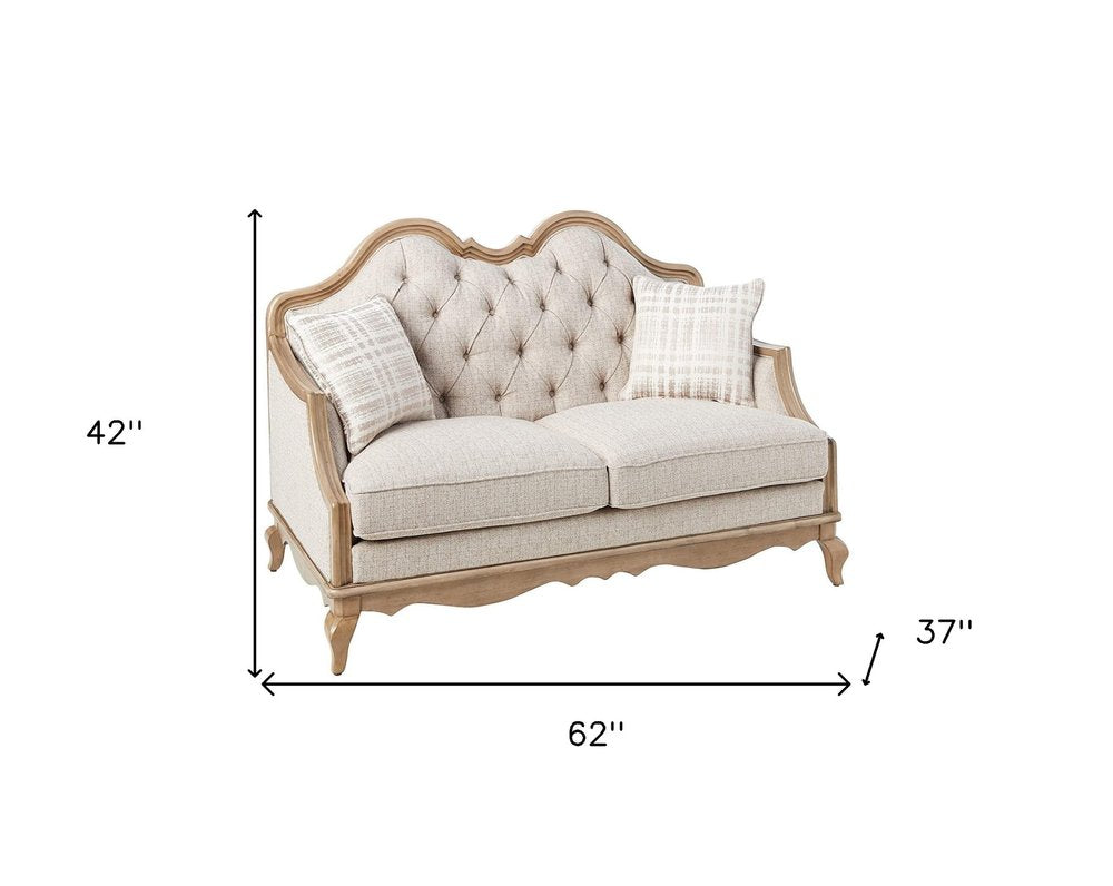 Beige and Brown Linen Loveseat and Toss Pillows - 62-inch