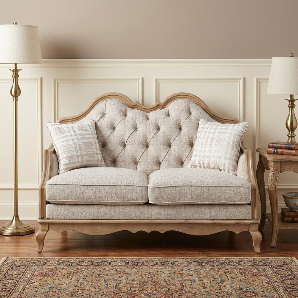 Beige and Brown Linen Loveseat and Toss Pillows - 62-inch