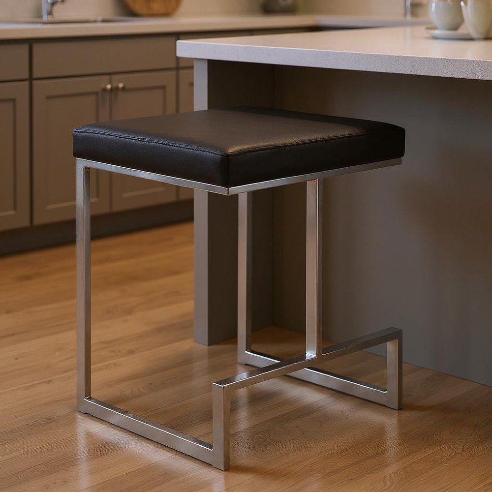 Black and Silver Faux Leather and Steel Backless Counter Height Bar Chair