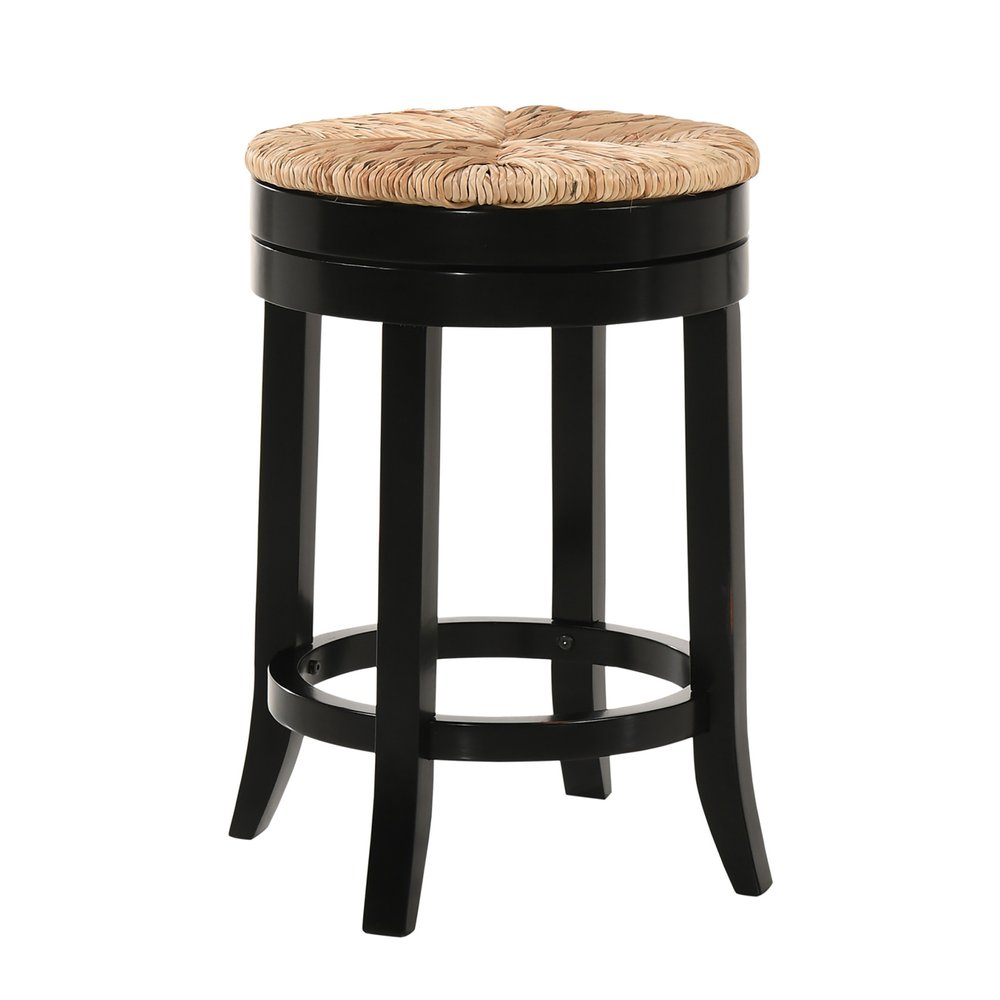 Natural and Black Rush and Solid Wood Backless Counter Height Swivel Bar Chair