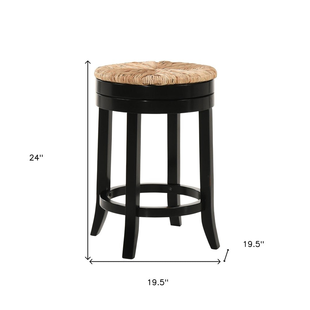 Natural and Black Rush and Solid Wood Backless Counter Height Swivel Bar Chair