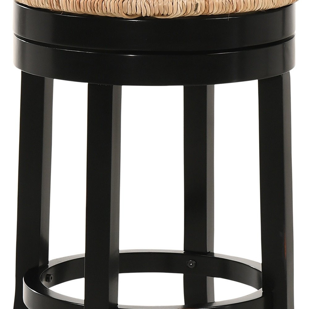 Natural and Black Rush and Solid Wood Backless Counter Height Swivel Bar Chair