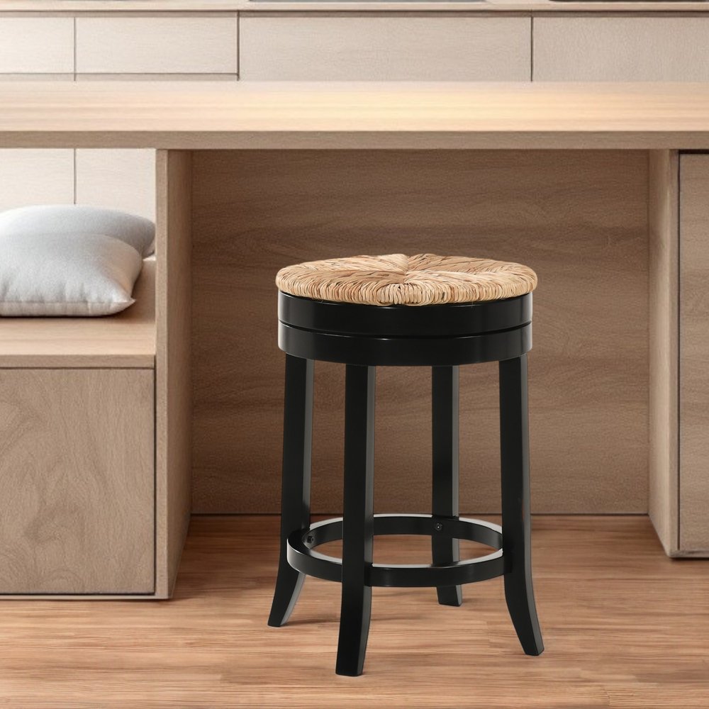 Natural and Black Rush and Solid Wood Backless Counter Height Swivel Bar Chair