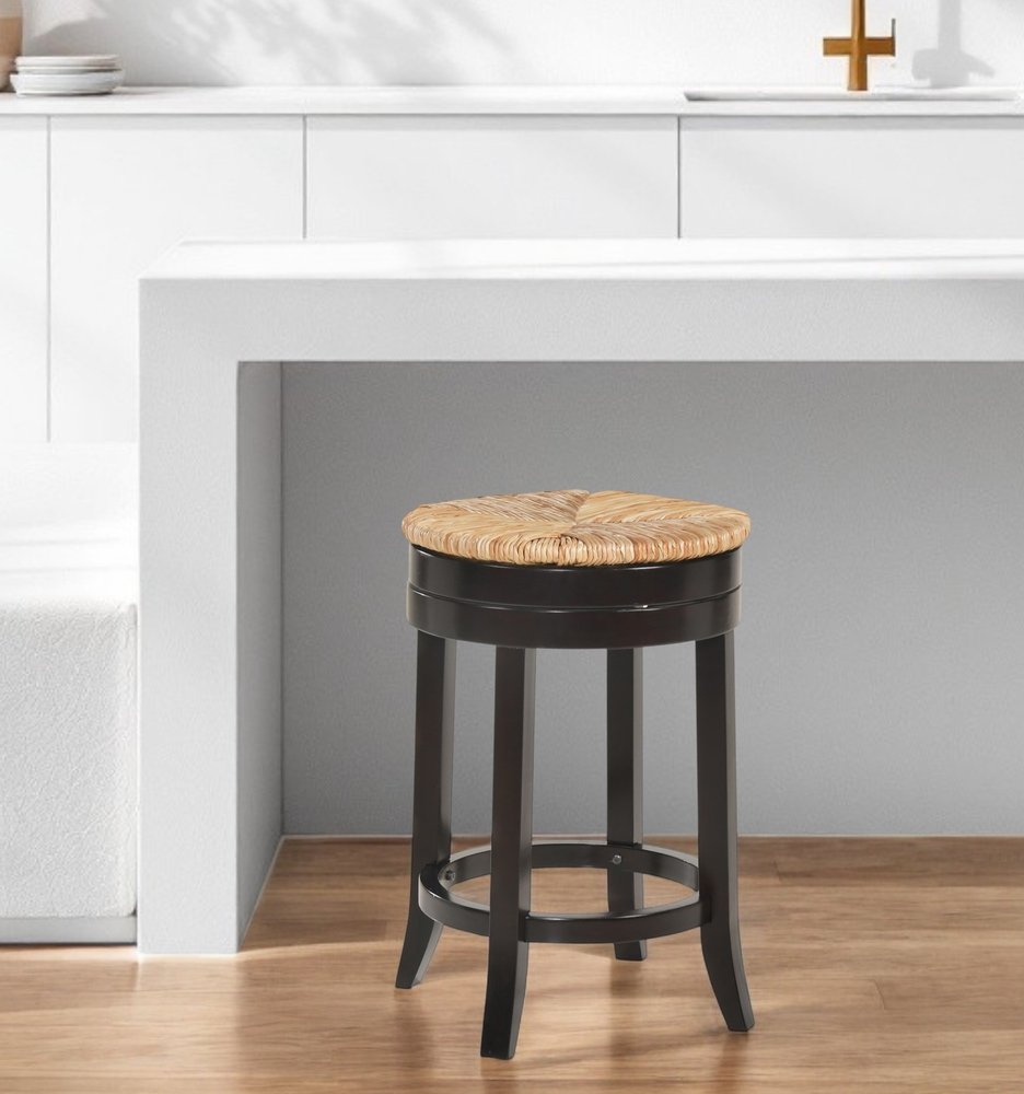 Natural and Espresso Rush and Solid Wood Backless Counter Height Swivel Bar Chair