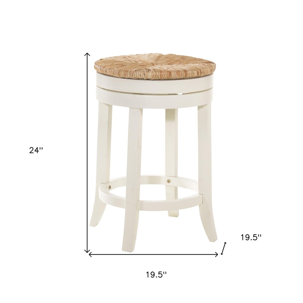Natural and Antiqued White Solid Wood Swivel Backless Counter Height Bar Chair