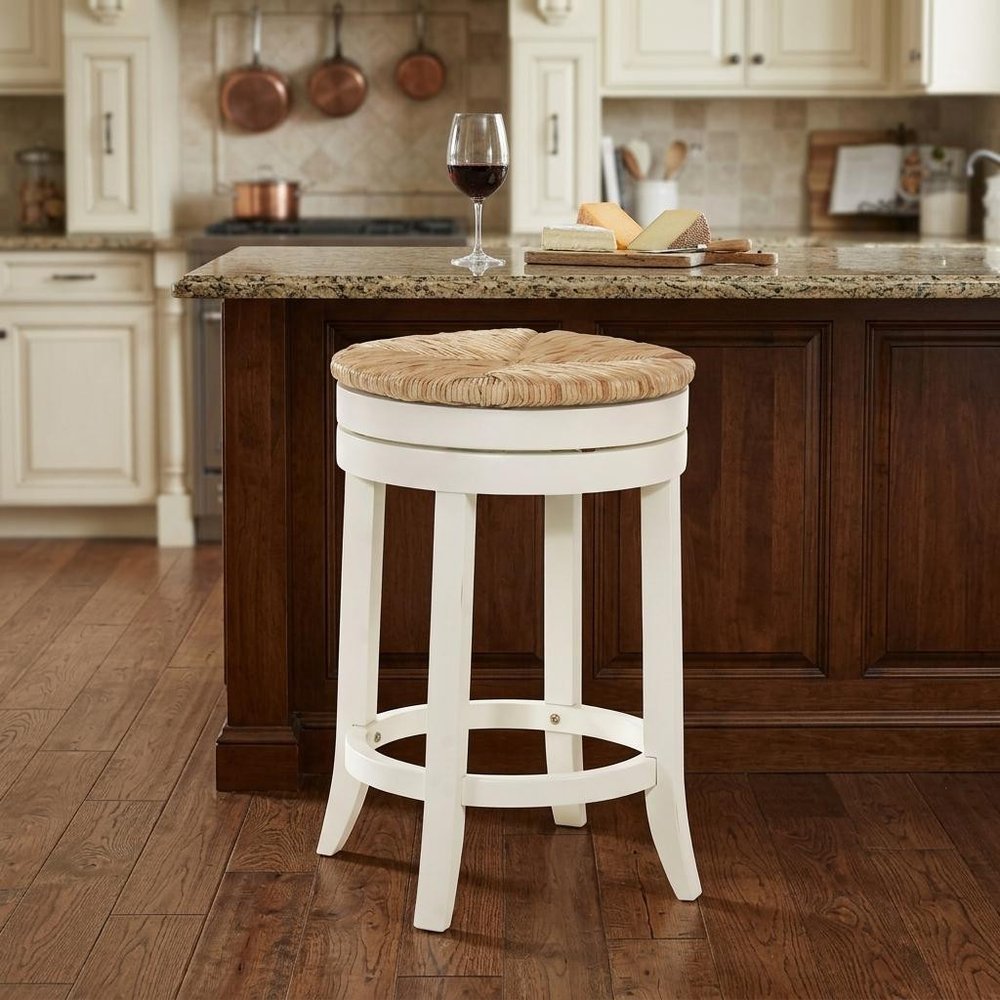 Natural and Antiqued White Solid Wood Swivel Backless Counter Height Bar Chair