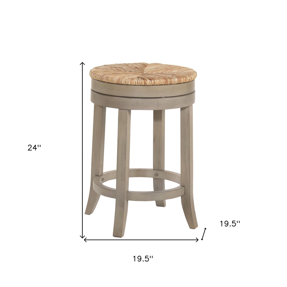 Natural and Gray Rush and Solid Wood Backless Counter Height Swivel Bar Chair