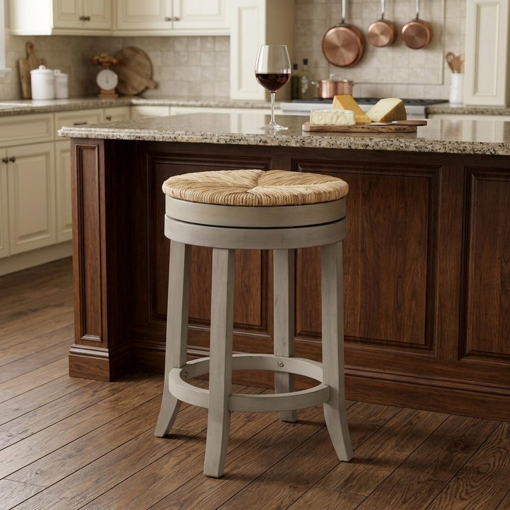 Natural and Gray Rush and Solid Wood Backless Counter Height Swivel Bar Chair