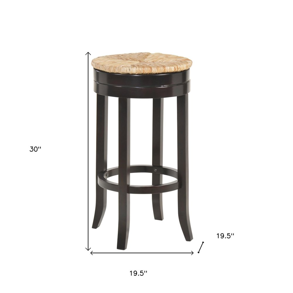 Natural and Espresso Rush and Solid Wood Backless Bar Height Swivel Bar Chair